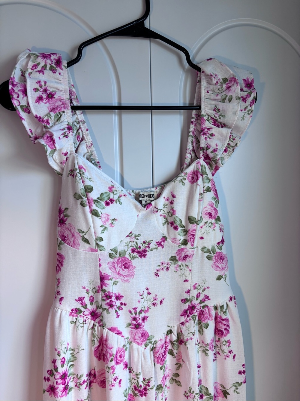 Inspired Hearts White Floral Ruffle-Sleeve Dress with Pink Roses
